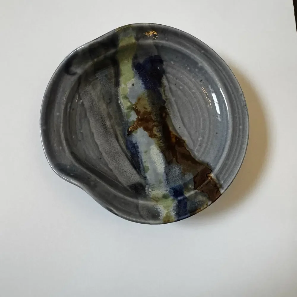 Studio Art Pottery Spoon Rest Bowl Dish Blue Gray Ocean Abstract Glazed Earthy